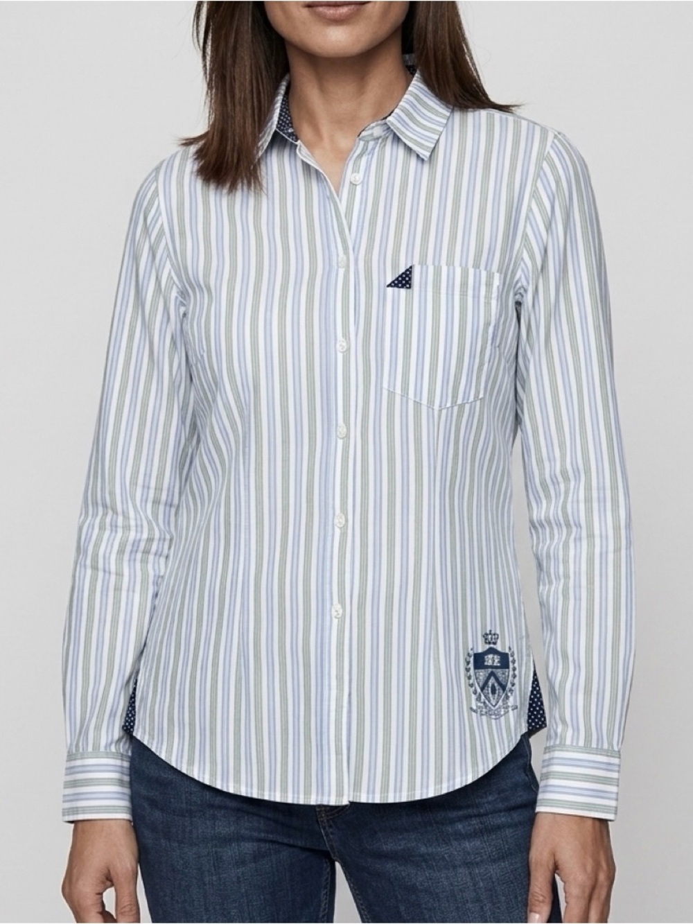 U.S. Polo Assn. Women’s Blue Green Crest Logo Striped Button-Down Shirt SZ M
